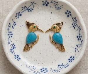 Museum Bird Earrings Turquoise Woodpecker VTG CZ Art Gold Antique Deco Boho